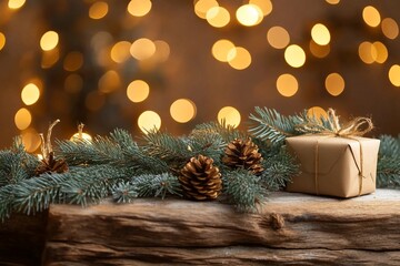 Christmas background with natural wood scene and defocus lights. Rustic composition with fir branches, gifts, mockup for products and goods