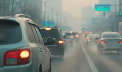 Heavy Traffic on a Foggy Urban Street During Early Morning Hours in a Bustling City