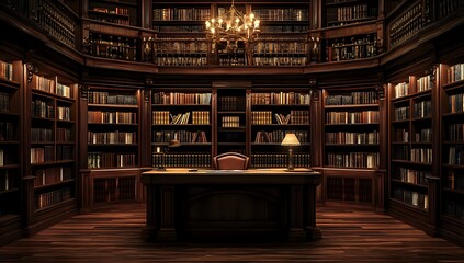 A luxurious, dark wooden library interior with bookshelves filled with books, a desk, a chair, and a chandelier.