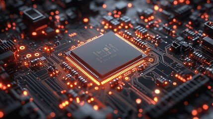 closeup of computer cpu on motherboard, circuit board showcasing electronic components, technology and data processing detail