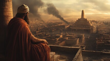 jonah's prayerful moment in nineveh city portrait, awaiting fate in spiritual reflection, biblical scene in historical painting