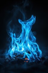 Ghostly blue flames flicker in a spectral shape, casting an eerie light against a black void