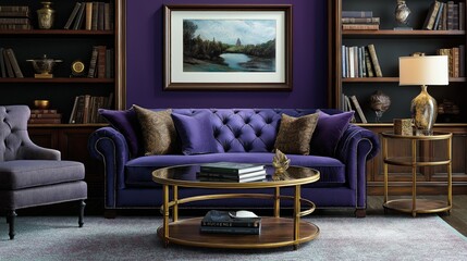 Elegant purple study featuring jewel-toned furniture and soft lighting for a relaxing reading experience