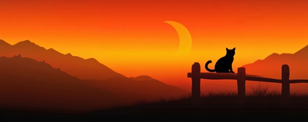 Silhouette of black cat on a fence with a crescent moon, Halloween,banner,paper cut style,