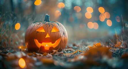 Glowing jack-o-lantern on autumn leaves with bokeh lights in background, spooky Halloween decor