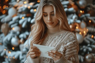 Woman Holding Christmas Card Envelope Near Tree - Festive Season Greeting