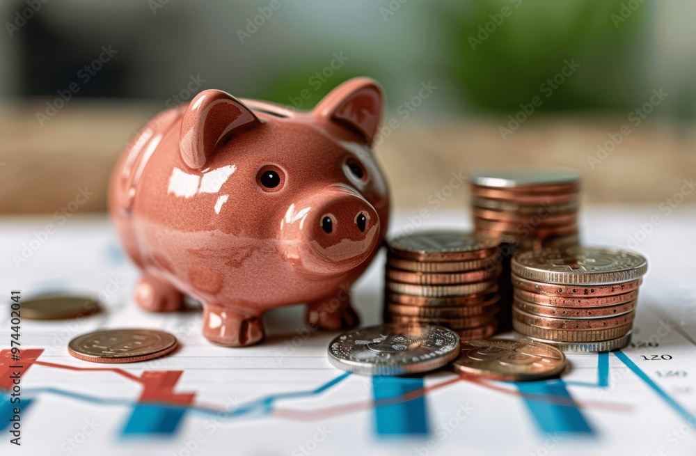 Wall mural piggy bank with growing coin stack and up arrow showing financial growth and savings concept