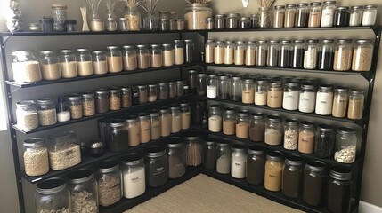 A beautifully organized zero-waste pantry filled with glass jars and metal canisters promoting sustainable living and eco-friendly practices