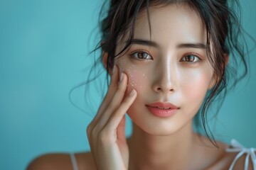 Young beautiful Asian woman with natural makeup and perfect clean skin posing on isolated blue background, beauty concept in white dress for advertising, banner, magazine cover, poster