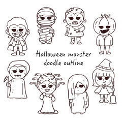 Halloween Cute Monster Costume Spooky Character Doodle Outline