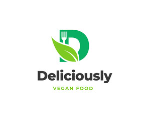 Initial Letter D with Fork and Leaf Icon for Organic Restaurant Logo Design Vector Illustration