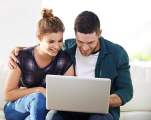 Planning, love or couple on laptop for research, reading online article on interior design website. Hug, house rental option or happy people on technology for renovation choice, mortgage or home loan