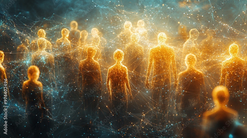 Poster abstract visualization of a digital network, representing people linked through technology, communic