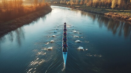 rowing team in motion down the river, paddling in perfect synchrony and demonstrating the essence of teamwork and fitness