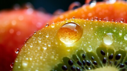 Close-up Macro Photography of a Kiwi Slice Covered in Dew Drops, Capturing the Essence of Freshness and Juiciness