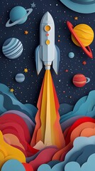 A rocket launch with planets and stars in the background, colorful paper cut art style