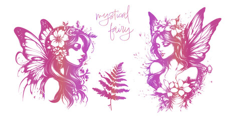 Fototapeta premium Fantasy characters for magical designs. Silhouettes of little fairy girls surrounded by butterflies and plants illustrations. Magical Fairies - Various grasses and plants for magical fairy kingdoms.