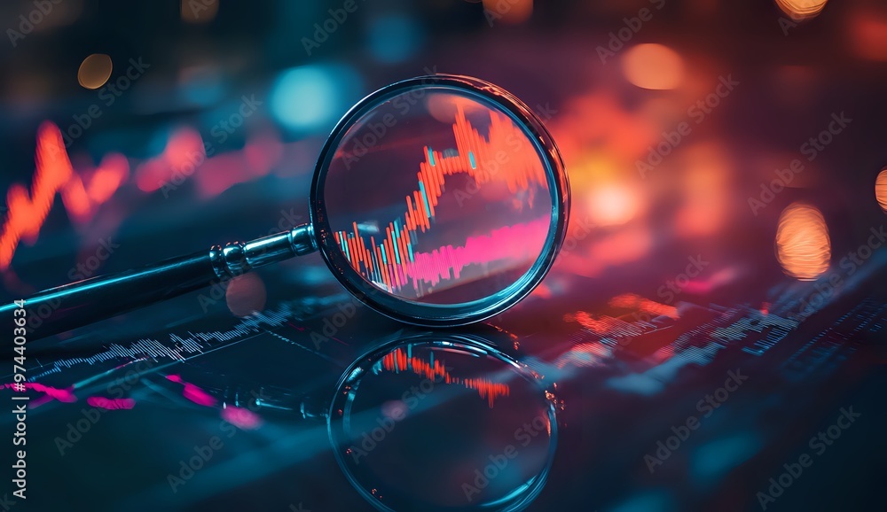 Poster a magnifying glass lays on a dark surface with a chart of fluctuating numbers visible through the gl