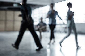 Blur, work and business people in office for meeting, solution or decision as secret service....