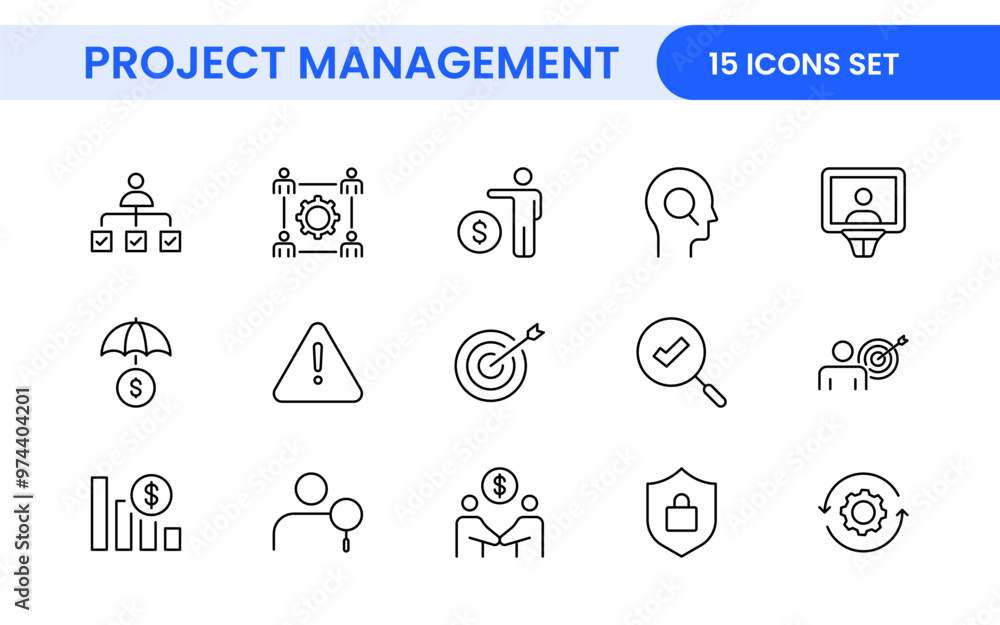 Poster project management web icons in line style. outline icon collection related to schedule, human resou