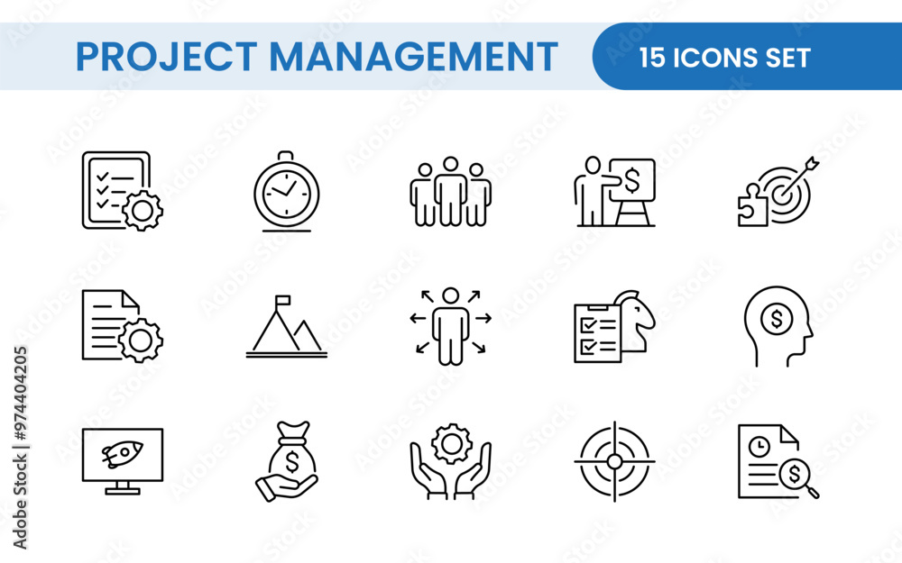 Poster project management web icons in line style. outline icon collection related to schedule, human resou