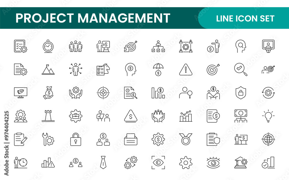 Poster project management web icons in line style. outline icon collection related to schedule, human resou