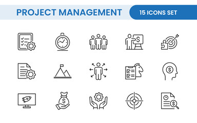 Project Management web icons in line style. Outline icon collection related to Schedule, human resource, management, development, planning, and more.
