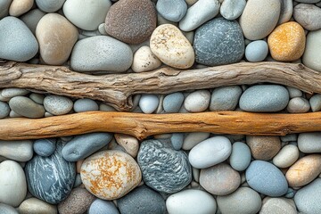 The contrasting textures of smooth pebbles and rough driftwood on a beach