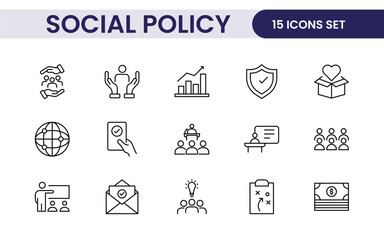 Set of Social Policy and Insuranceline icons. Outline icon collection related to education, insurance, law, goverment and more.