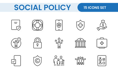 Set of Social Policy and Insuranceline icons. Outline icon collection related to education, insurance, law, goverment and more.
