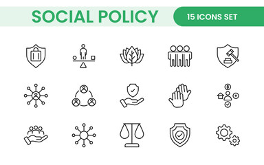 Set of Social Policy and Insuranceline icons. Outline icon collection related to education, insurance, law, goverment and more.