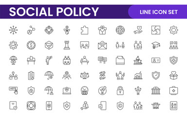 Set of Social Policy and Insuranceline icons. Outline icon collection related to education, insurance, law, goverment and more.