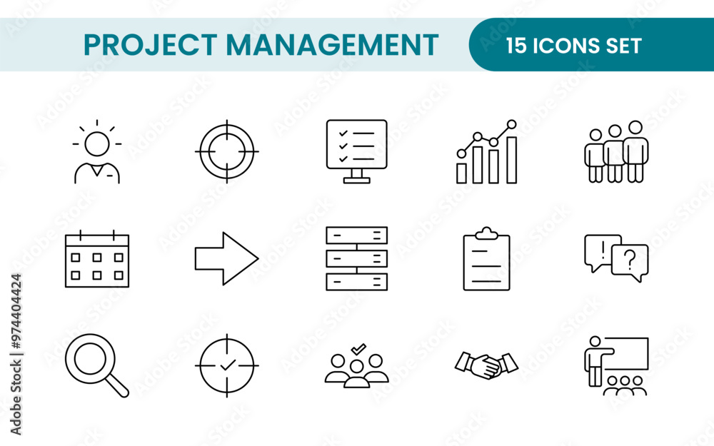 Poster project management web icons in line style. outline icon collection related to schedule, human resou