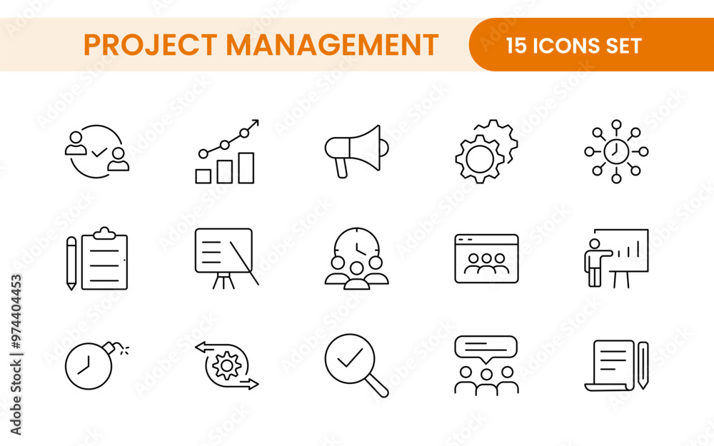Poster project management web icons in line style. outline icon collection related to schedule, human resou