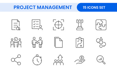 Project Management web icons in line style. Outline icon collection related to Schedule, human resource, management, development, planning, and more.