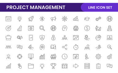 Project Management web icons in line style. Outline icon collection related to Schedule, human resource, management, development, planning, and more.