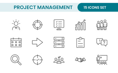 Project Management web icons in line style. Outline icon collection related to Schedule, human resource, management, development, planning, and more.