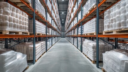 Industrial Food Storage Facility with High-Volume Shelving and Efficient Systems, showcasing rows of palletized goods wrapped in plastic