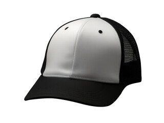 Obraz premium White and black baseball cap mockup front view, PNG file of isolated cutout object with a transparent background. 