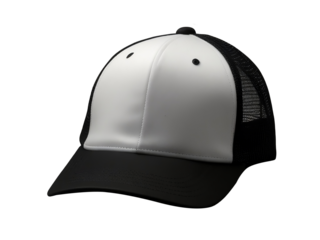 White and black baseball cap mockup front view, PNG file of isolated cutout object with a transparent background. 