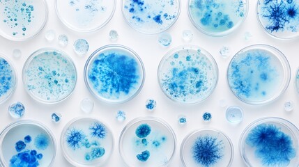 Microalgae Variety in Laboratory Petri Dishes wallpaper pattern. Top view of diverse blue microalgae samples in scientific petri dishes on white background.