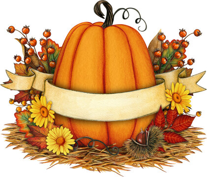 Watercolor hand drawn fall season composition with scrol banner