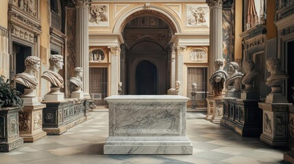 Intricate marble podium surrounded by Roman busts and sculptures, placed in a majestic Roman courtyard, elegant product display, historic grandeur