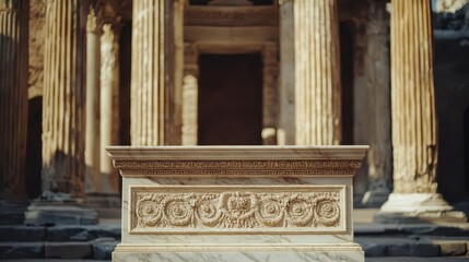 Fototapeta premium Ornate marble podium in front of a Roman temple, with tall Corinthian columns and detailed carvings, luxury product presentation, ancient Roman architecture