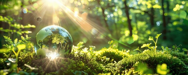 Green Forest Ecology Concept with Globe on Moss and Sun Rays