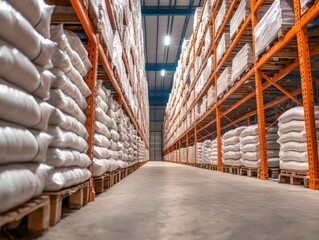 Fototapeta premium Rows of White Bags in a Clean and Modern Food Supplier Warehouse, Representing Efficient Logistics and Storage.