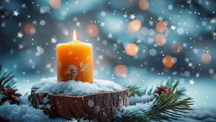 Minimalist Christmas Candle in Snowy Winter Landscape