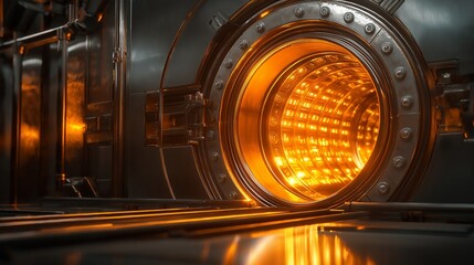 A large, open metal container with a yellow light inside. The container is likely a furnace or a kiln, and the yellow light inside could be a heat source or a warning light