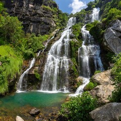 Obraz premium Crystal Clear Waterfall Cascading Down Rocky Cliffs, Surrounded by Lush Greenery