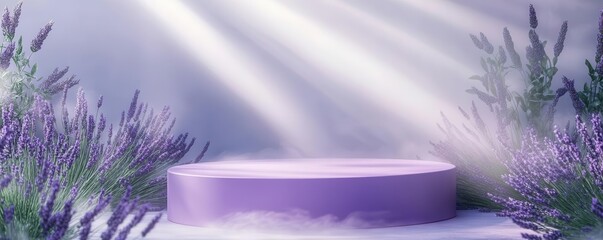 Geometric purple podium with smooth surfaces, surrounded by mist and lavender plants, modern product presentation, ethereal nature